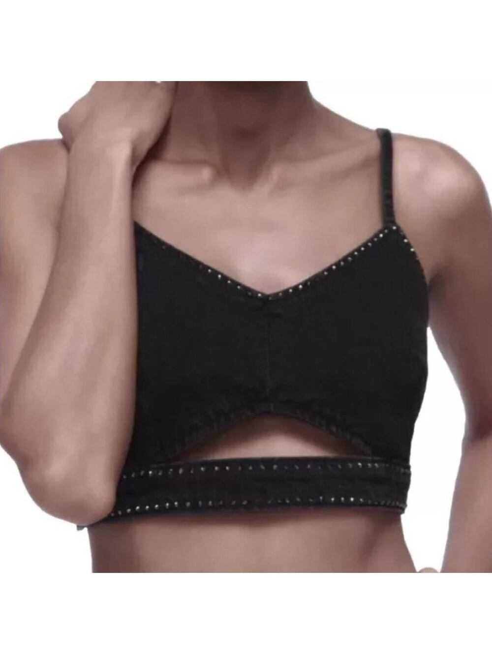 Zara Black Denim Crop Top with Rhinestone Studs and Front Cutout, Spaghetti Strp